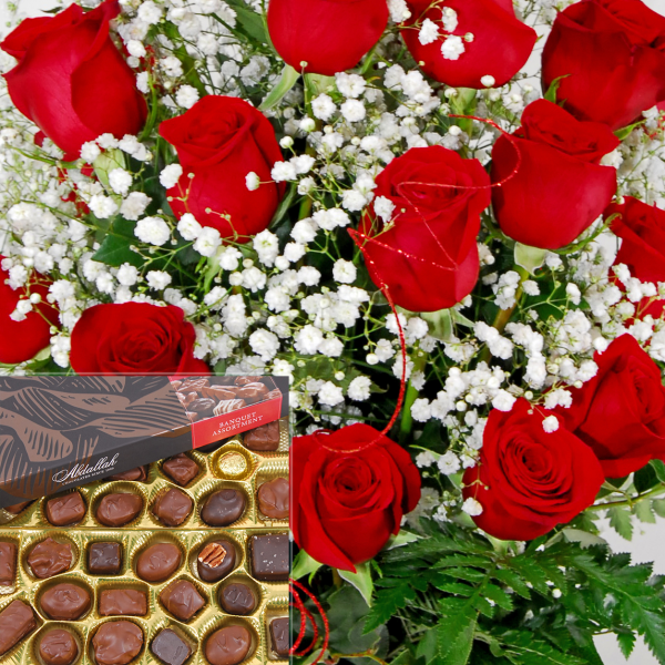 Deluxe Dozen Roses With Big Box Of Chocolates Roberts Floral